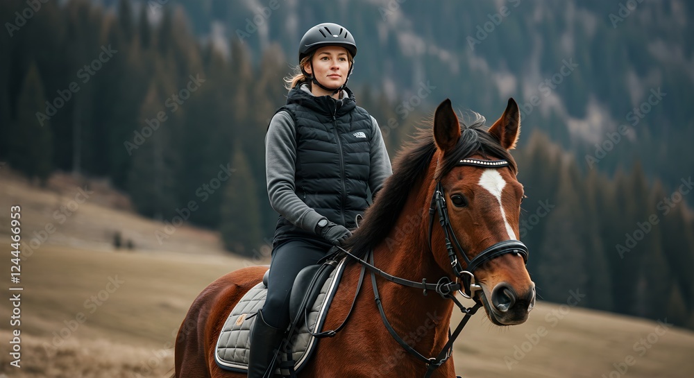 Obraz premium Young woman horseback riding in mountains wearing protective gear and winter clothing. Young female equestrian on brown horse against scenic mountain landscape in cold weather outdoor recreation