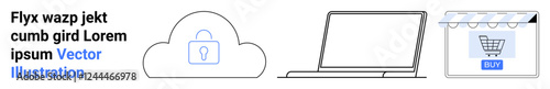 Cloud with a lock for cybersecurity, a laptop for digital work, and an online store icon for e-commerce. Ideal for cloud storage, data security, online shopping, technology, remote work, business