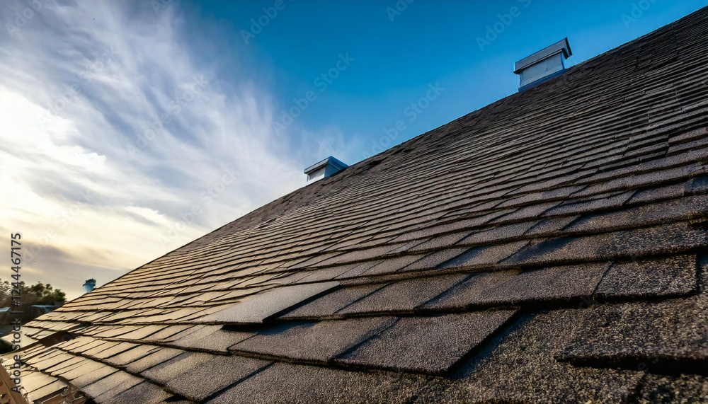 Naklejka premium Shingles with Blue Sky – Roof Shingles, Residential Roofing, Clear Blue Sky, Home Exterior, Roofing Texture, Roofing Materials, Architectural Design, Roof Installation, and Sunny Weather Background