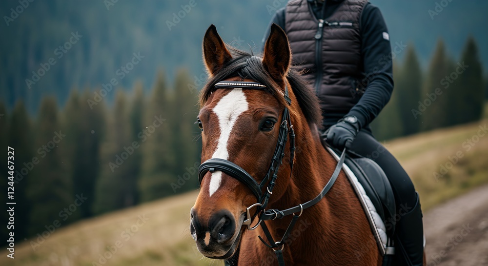 Obraz premium Close up portrait of brown horse with white blaze wearing black bridle during mountain trail ride. Person riding horseback against forest background. Equestrian sport and outdoor recreation concept