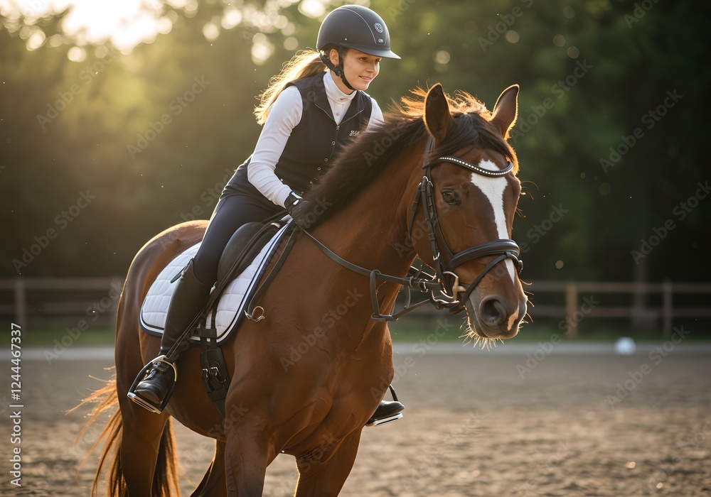 Obraz premium Woman equestrian riding brown horse during sunset dressage training. Professional horseback riding in outdoor arena. Rider wearing black helmet. Golden hour sports activity photography