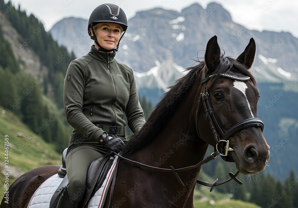 Obraz premium Professional woman equestrian in protective gear riding brown horse in mountains. Professional horseback riding. Summer outdoor activity and sport. Dressage training with mountain peaks background.