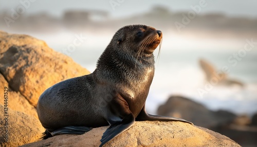 Striking Cape fur seal Arctocephalus pusillus Perched on a Dramatic Coastal Rock, Basking in Antarctic Light, with an Aura of Grace and Resilience. photo