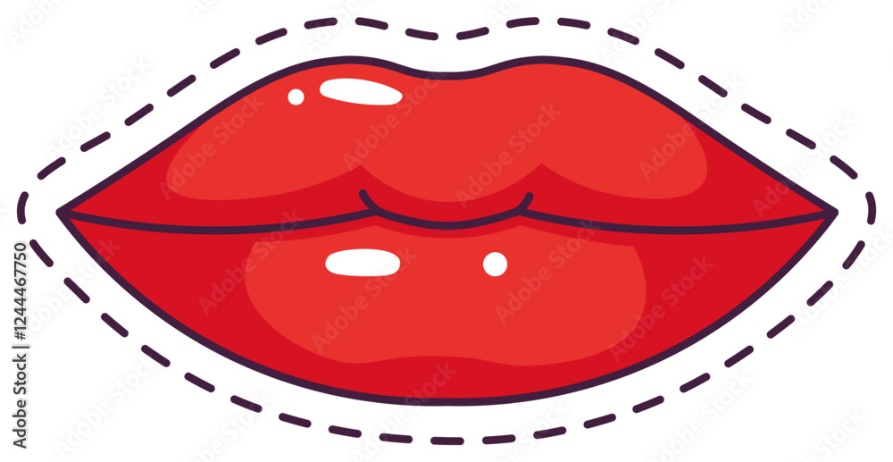 Obraz premium Cartoon drawing featuring vibrant red glossy lips adorned with a dashed cut line, perfectly suited for beauty, fashion, and love themed designs, exuding glamour and allure