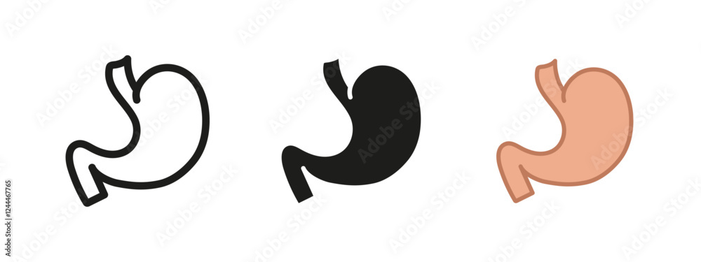 Stomach icon. Digestion symbol. Digestive organ vector illustration. Human anatomy sign. Gastric nutrition pictogram. Internal abdomen stomach concept outline, line, black and colored isolated. Stomach icon. Digestion symbol. Digestive organ vector illustration. Human anatomy sign. Gastric nutrition pictogram. Internal abdomen stomach concept outline, line, black and colored isolated.