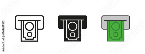 Money withdraw icon. Cash removing symbol. ATM withdrawal vector illustration. Payment and transaction sign. Banking deposit with financial machine and dollar bill pictogram. Money transfer concept.