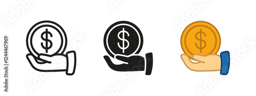 Hand holding a coin icon. Money save symbol. Salary and economy vector illustration. Earnings and payments sign. Financial currency pictogram. Income, wage, fee or salary hand with dollar coin concept