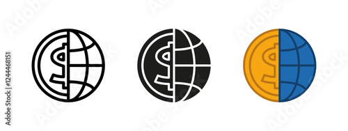 Global economics icon. Worldwide business network symbol. Half coin and globe vector illustration. International commerce sign. Cyberspace online banking pictogram. Dollar world currency influence.