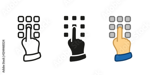 PIN code input icon. PIN-code keypad with index finger vector illustration. Entering password symbol. Keyboard password combination sign. Vault lock access panel pictogram. Authentication concept.