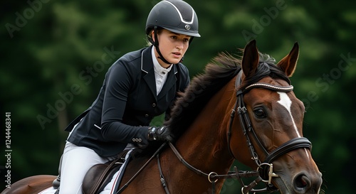 Woman equestrian in professional dressage outfit riding brown horse during competition. Horseback at show jumping event in outdoor arena. Sport training concept photo