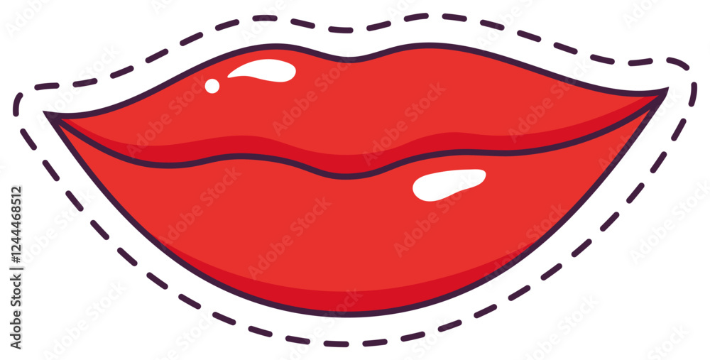 Cartoon drawing of red glossy lips with dashed line following the contour representing a sticker, isolated vector illustration on white background Cartoon drawing of red glossy lips with dashed line following the contour representing a sticker, isolated vector illustration on white background