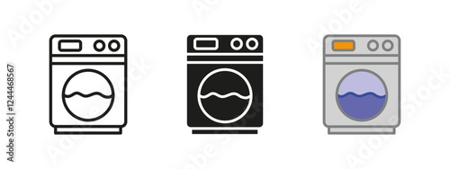 Washing machine icon. Laundry vector illustration. Washer symbol. Household appliance sign. Cleaning and laundering pictogram. Housework and domestic electronic device concept outline, black, colored.