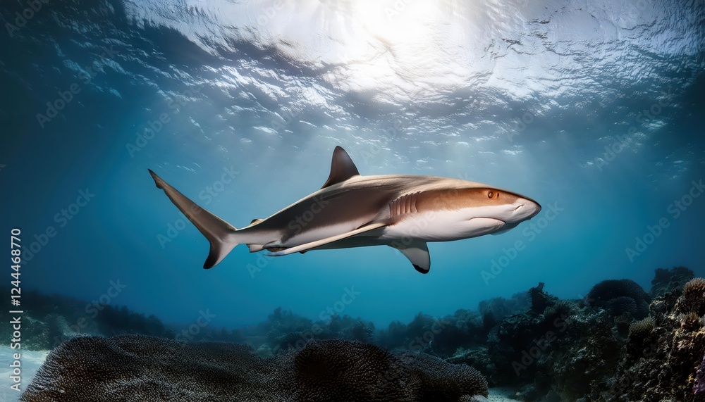 Fototapeta premium Vivid Encounters Dazzling Blacktip Reef Shark Swimming Amongst Stunning Coral Reef, Showcasing the Breathtaking Beauty and Vibrant Colors of the Ocean Depths