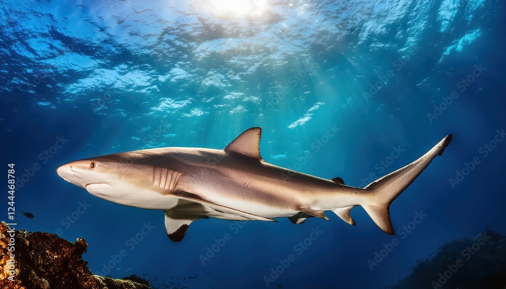Fototapeta premium Striking Blacktip Reef Shark in Vibrant Tropical Seascape, Showcasing Oceanic Majesty and Marine Biodiversity with a Splash of Sunlight at Dusk.