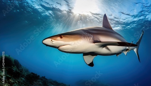 Striking Blacktip Reef Shark Darting through CrystalClear Waters off a Coral Reef, Capturing the Grace and Power of Natures Apex Predator photo