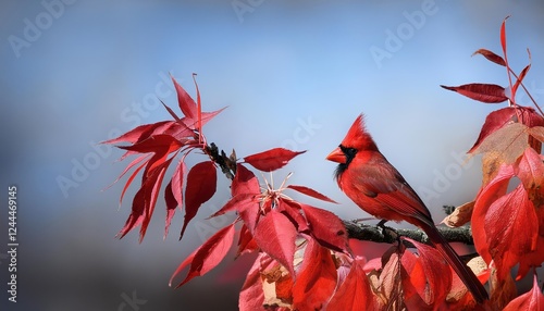 Vibrant Red Cardinal Perched against Autumnal Backdrop A Captivating Moment of Natures Symphony, Featuring Bold Colors and Textures of Fall Folage. photo