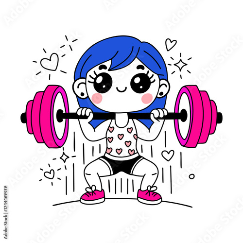 Cartoon gym girl with blue hair squatting with pink barbell weights. Symbolizing fitness, fun, gym and motivation.