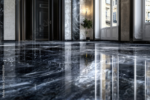 Modern interior with highly reflective black marble flooring.