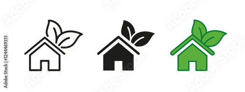 Eco house leaf icon. Green home with leaves on the roof vector illustration. Sustainable living and environmentally friendly concept. Renewable and organic lifestyle symbol. Eco-conscious housing sign