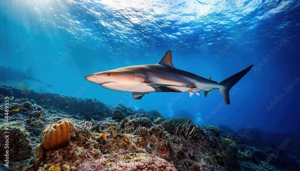 Vivid Caribbean Reef Shark Swimming Amongst Coral, in Crystal Clear Waters teeming with Marine Life, Off the Coast of an Exotic Island Paradise. Vivid Caribbean Reef Shark Swimming Amongst Coral, in Crystal Clear Waters teeming with Marine Life, Off the Coast of an Exotic Island Paradise.