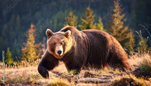 Majestic Carpathian Brown Bear Roaming the Wilderness A Captivating Moment of Nature in Winters Twilight, Showcasing SnowCovered Landscapes and the Power of the Natural World.