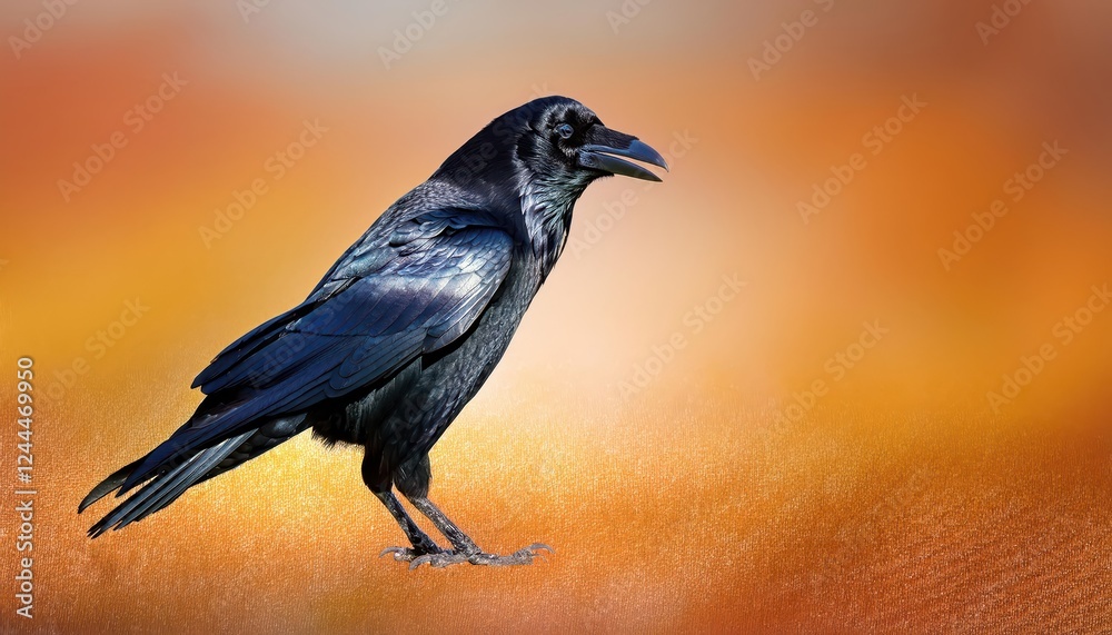 Striking Carrion Crow Amidst Vibrant Backdrop Blackbird in High Contrast Against Radiant Landscape at Twilight Striking Carrion Crow Amidst Vibrant Backdrop Blackbird in High Contrast Against Radiant Landscape at Twilight