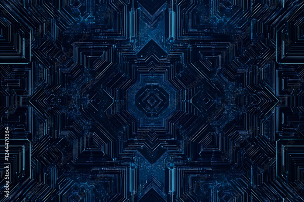 Abstract close-up of a glowing blue digital circuit board, showcasing intricate connections and technological design on a black background.
