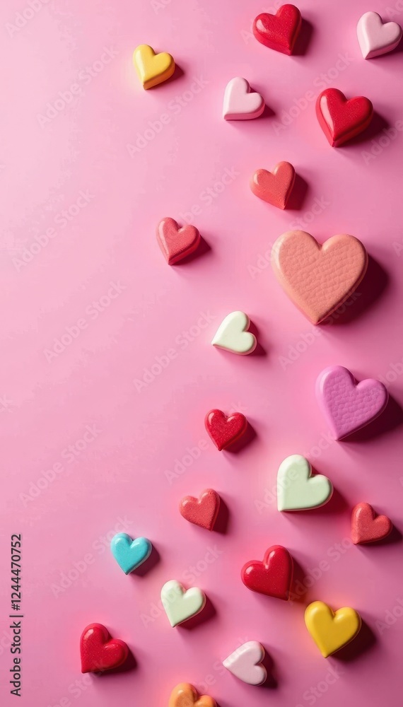 Pink backdrop strewn with vibrant candy hearts Ample space , candy, dessert Pink backdrop strewn with vibrant candy hearts Ample space , candy, dessert