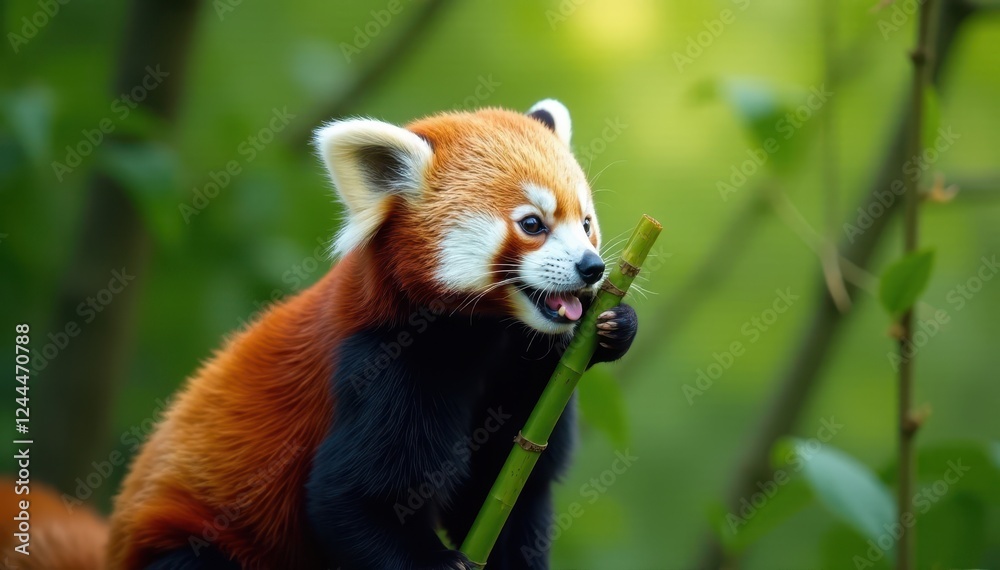 Red panda munching on bamboo shoots, lush green background, diet, nepal Red panda munching on bamboo shoots, lush green background, diet, nepal