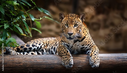 Majestic Ceylon Leopard Poised with Regal Composure atop a Decaying Wooden Log, Set Against the Lush Green Backdrop of the Sri Lankan Rainforest