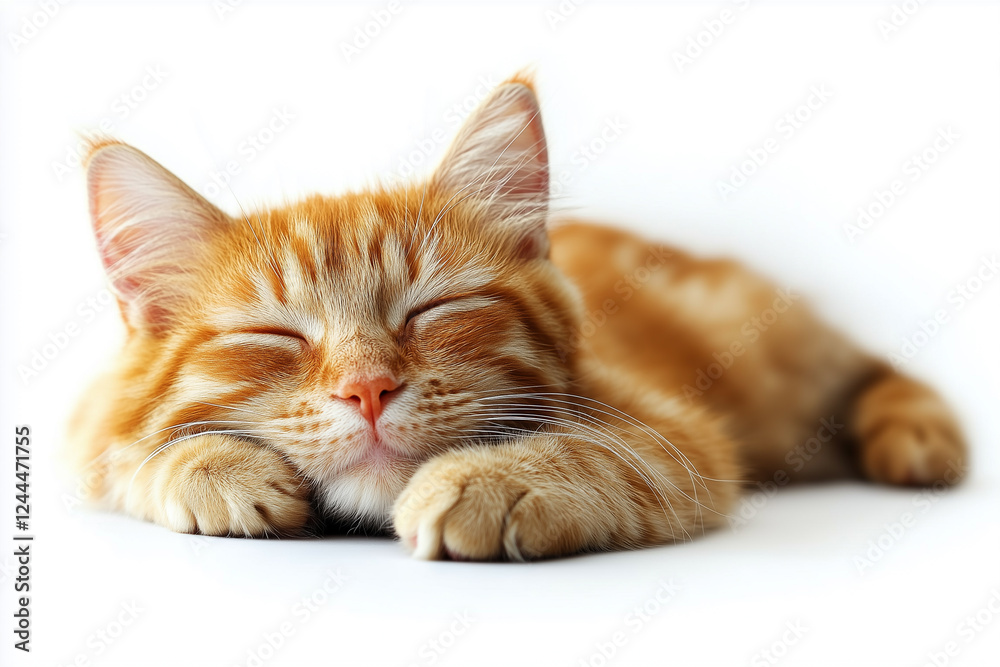 A red-haired cat on a white background sleeps A red-haired cat on a white background sleeps