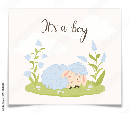 Its A Boy Baby Shower Card With Cute Blue Lamb.