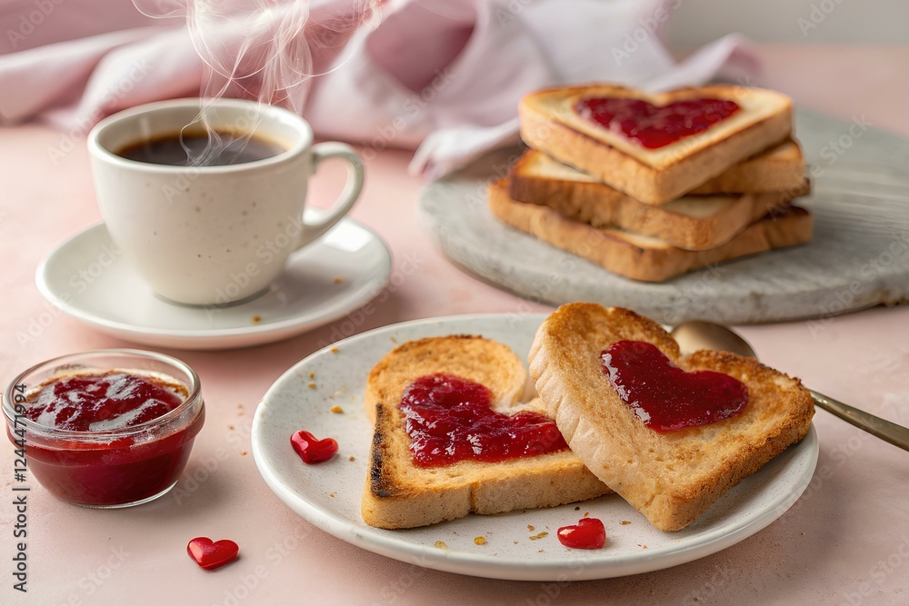 Romantic breakfast: heart-shaped toast, jam, cup of coffee Romantic breakfast: heart-shaped toast, jam, cup of coffee
