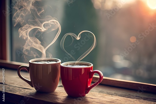 Pair of cups with heart designs, steam rising in the shape of a heart