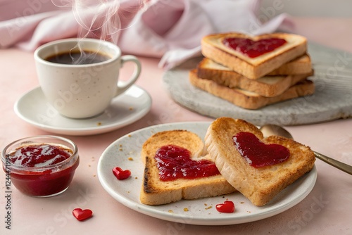 Wallpaper Mural Romantic breakfast: heart-shaped toast, jam, cup of coffee Torontodigital.ca