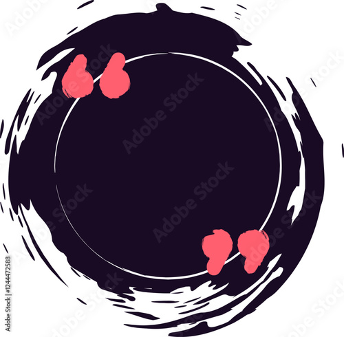 Round black vector frame adorned with pink quotes and grunge brushstrokes, creating a stylish border around empty space ideal for testimonials, reviews, text, or quotes