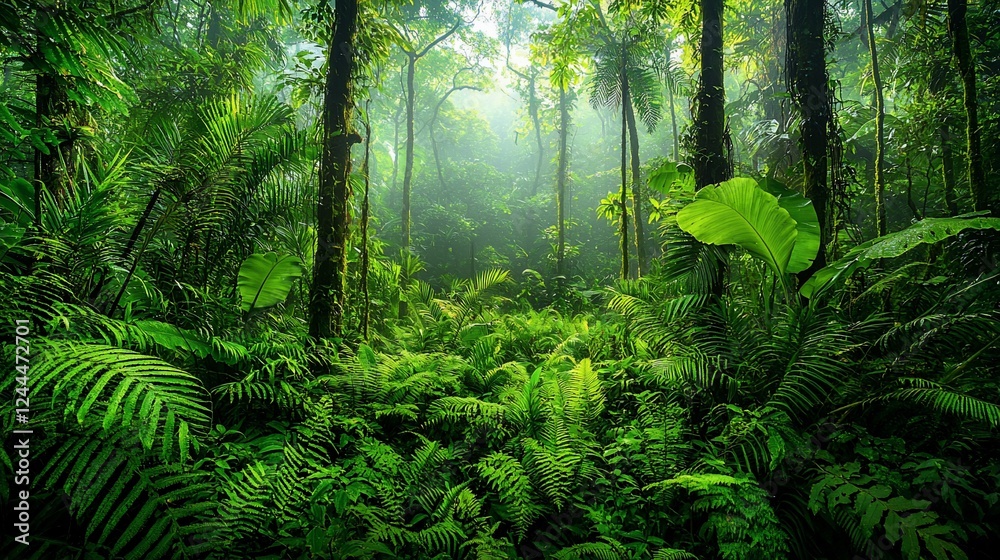 Fototapeta premium Lush rainforest path, misty morning, sunlight through trees, vibrant green foliage; nature background