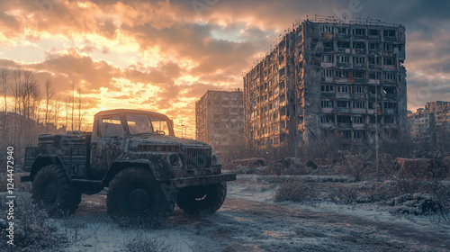 Rusty truck in a snow-covered urban wasteland with ruined buildings and a dramatic sunset sky photo