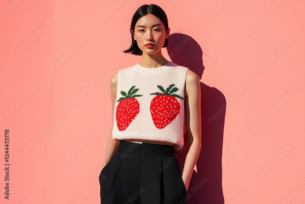 cropped, sleeveless knit sweater in soft white with a bold red strawberry motif, paired with slim-fit black capri pants cropped, sleeveless knit sweater in soft white with a bold red strawberry motif, paired with slim-fit black capri pants