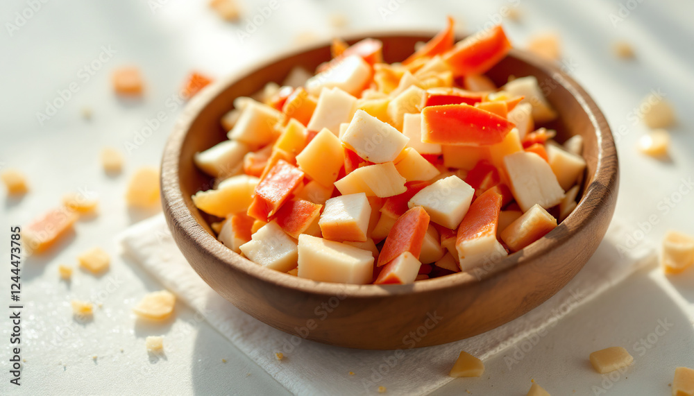 Delicious Cheese Cubes Snack in Wooden Bowl Delicious Cheese Cubes Snack in Wooden Bowl