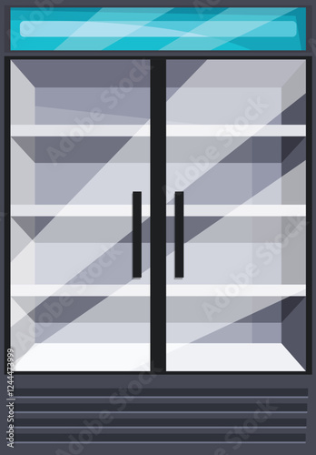 Refrigerator with glass doors showing empty shelves, ideal for displaying products in supermarkets, grocery stores, or convenience stores