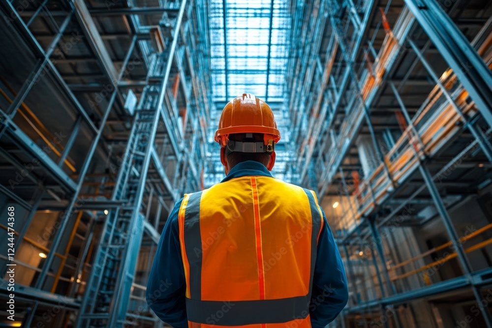 Worker in a warehouse with industrial racks Worker in a warehouse with industrial racks
