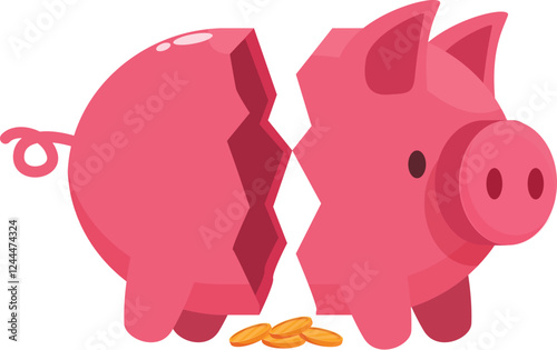 Pink piggy bank broken in two halves with few coins near it, depicting financial crisis and loss of savings