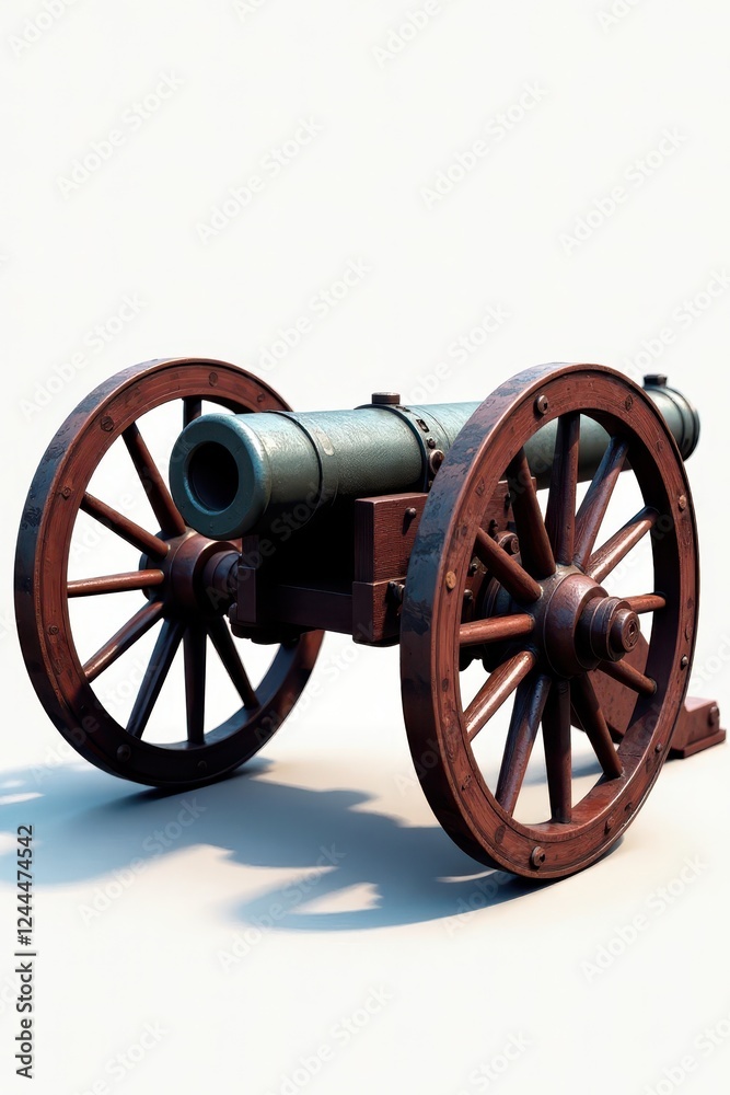 Antique wheeled cannon, iron cannonballs Isolated , ancient cannon, artifact