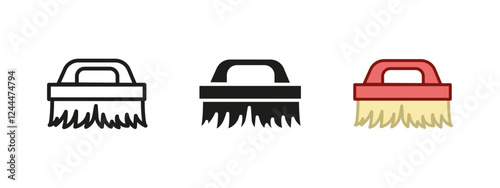 Hard bristle brush icon. Stiff scrubbing tool vector illustration. Cleaning equipment symbol. Sanitation hygiene sign. Surface washing concept.