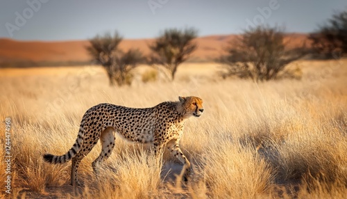 Vivid Cheetah Strolling Across a Sea of Golden Grass in the Kalahari Desert, Kgalagadi Transfrontier Park, South Africa Stunning Wildlife Moment Frozen in Time. photo