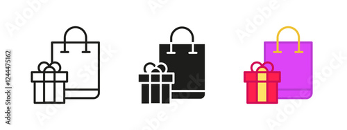 Shopping bag gift icon. Present and purchase vector illustration. Holiday package symbol. Retail and commerce sign. Celebration and surprise concept.