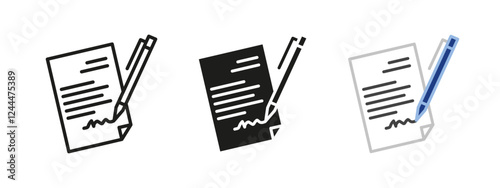 Contract signing icon. Agreement signature vector illustration. Business document symbol. Legal approval sign. Corporate negotiation paperwork concept.