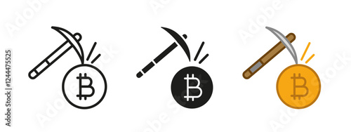 Bitcoin mining icon. Cryptocurrency extraction vector illustration. Blockchain finance symbol. Digital currency transaction sign. Crypto investment network design.