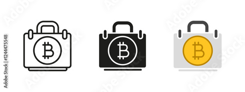 Bitcoin suitcase icon. Cryptocurrency finance vector illustration. Blockchain investment symbol. Digital asset currency trading sign. Business payment economy design. Crypto wallet portfolio graphic.